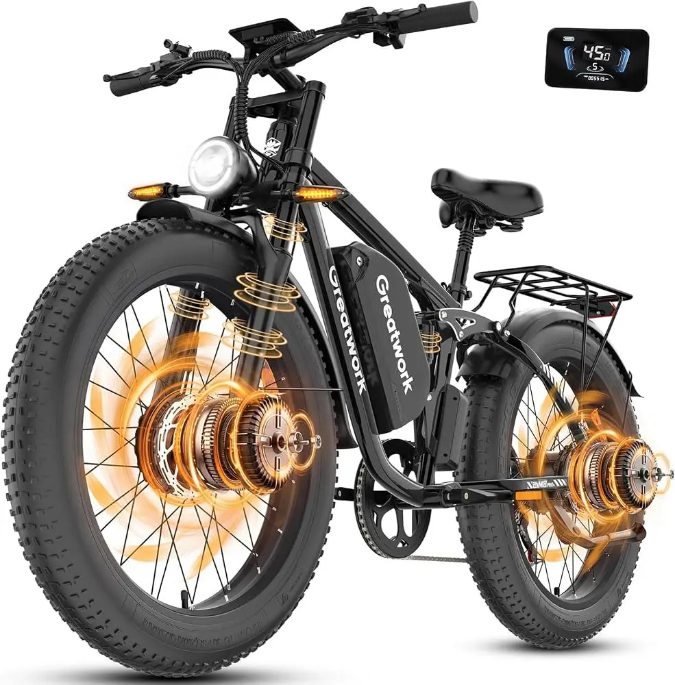 GREAT WORK 6000W Peak Dual Motor Electric Bike for Adults, 1300Wh Battery 45MPH, 100 Miles Range, 26" x4.0 Fat Tire Ebike, 7 Speed Dual Hydraulic Brakes Moutain Bike, Commuter Bike with Suspension