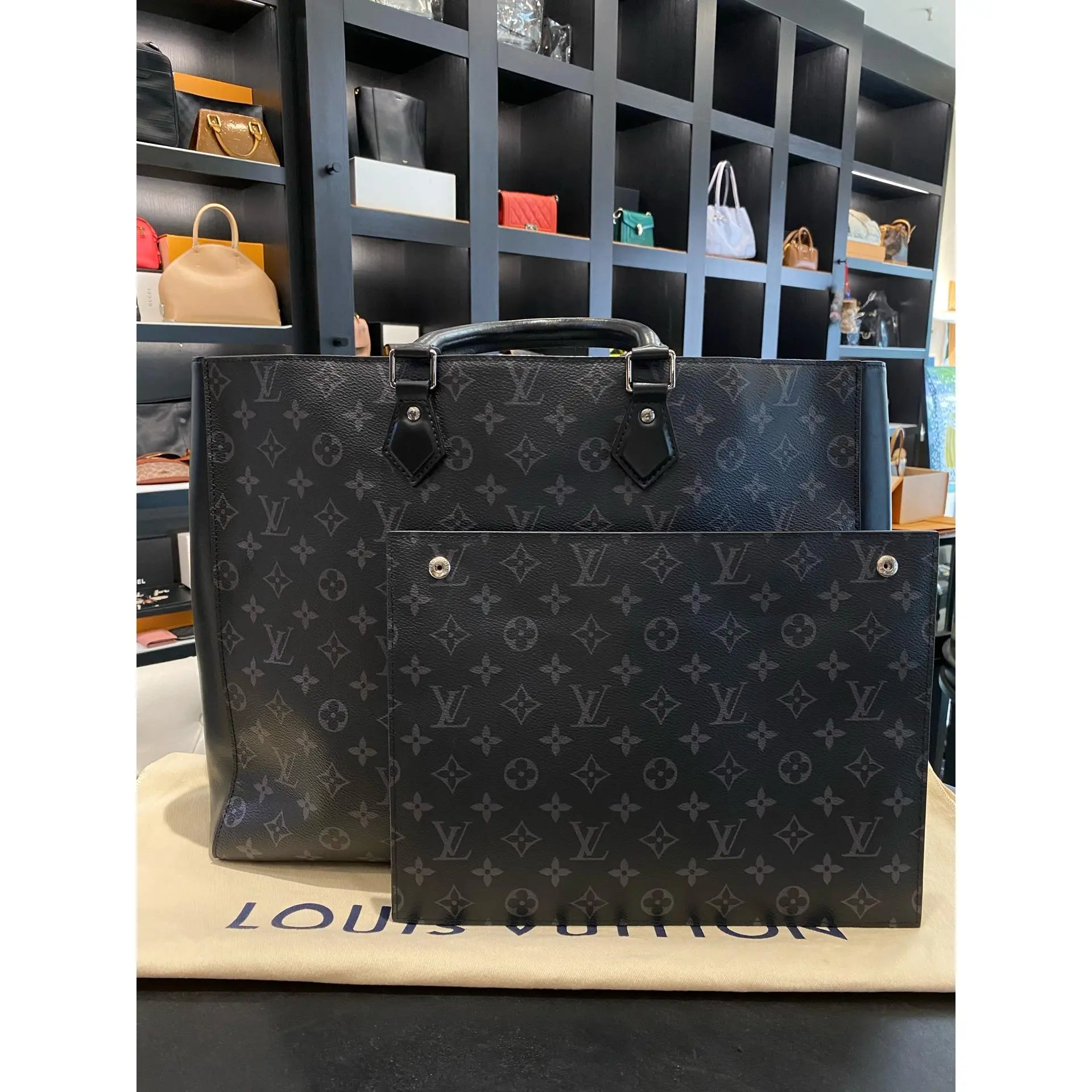 Pre-owned Louis Vuitton LV GRAND SAC black flower briefcase leather tote bag code 19 years size 42×32 inside XH 23009725
