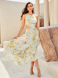 Fashion Women's Asymmetrical Shoulder Watercolor Print Pleated Dress, Hollow Out Waist Ruffle Irregular Summer Vacation Midi Dress