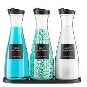 3-Pack Laundry Detergent Dispenser Container with Tray Set, 54-Ounce Liquid Laundry Soap Dispenser with 12 Labels, Black Laundry Room Organization for Powder and Fabric Softener