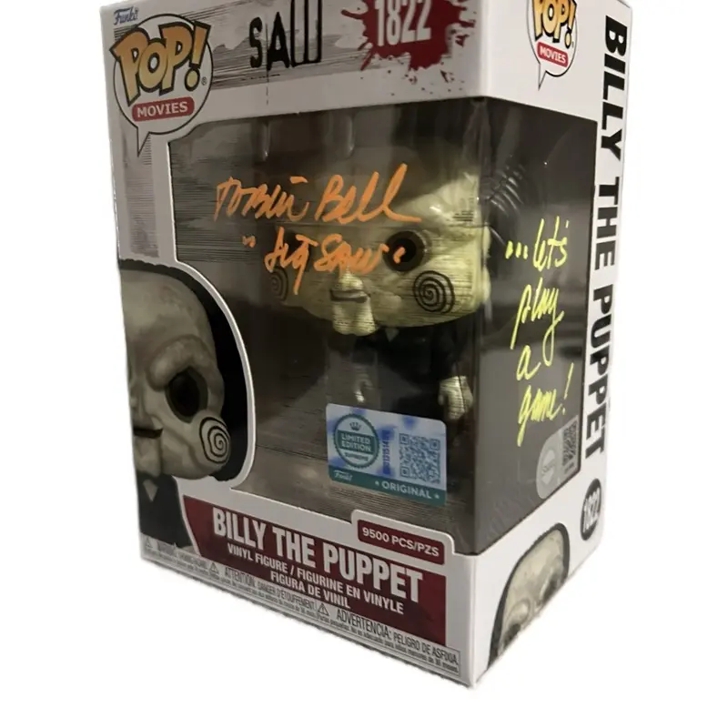 Funko Pop TV/Movie Character Billy the Puppet LE 9500 Signed Vinyl Figure - Quoted by Tobin Bell, No Warning Applicable Collectible Figurine, Black Light Reactive Signature, Dual Color
