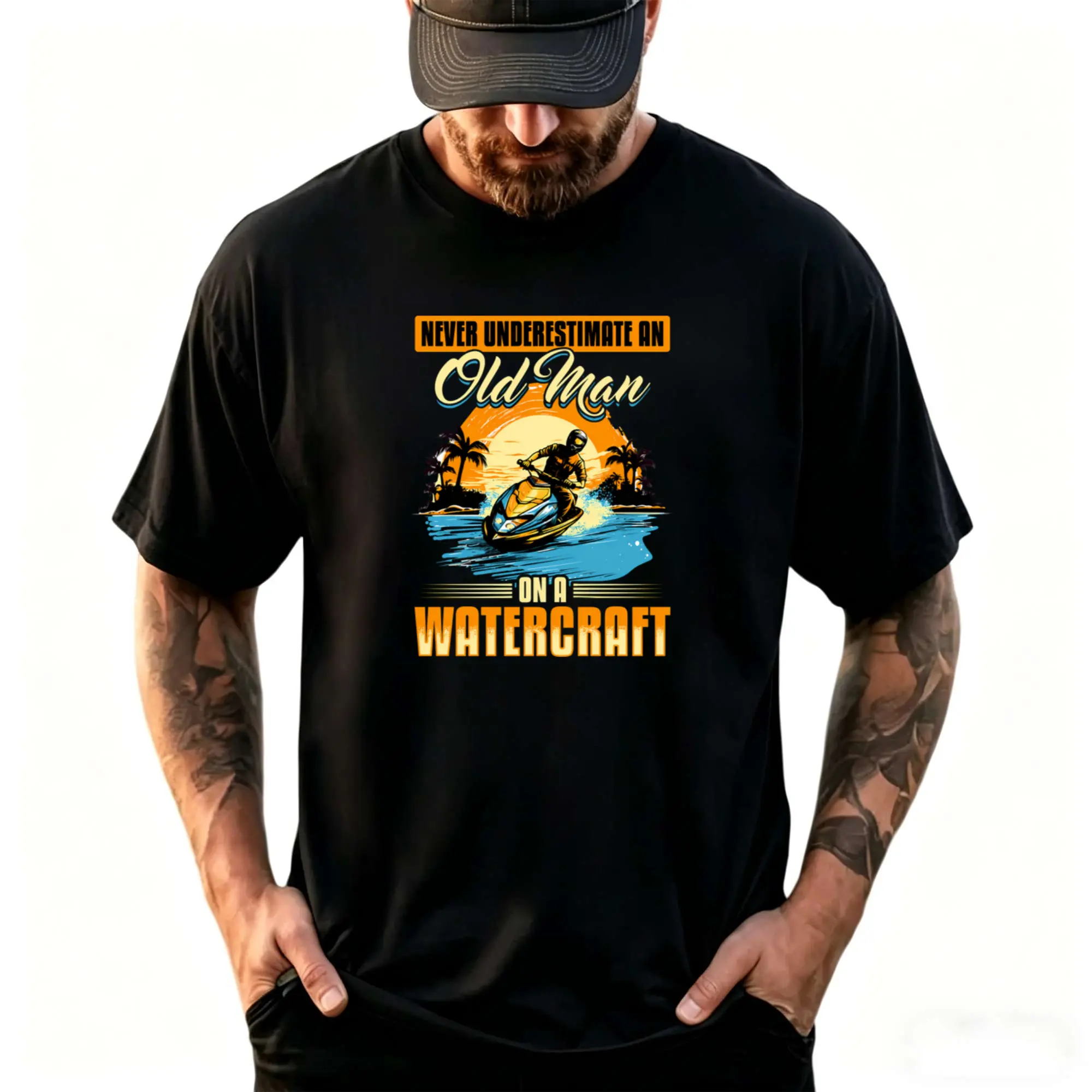 Men's Short-Sleeve Printed T-Shirt, "Never Underestimate an Old Man on a Watercraft" Top, Casual Menswear Apparel Cotton Crewneck