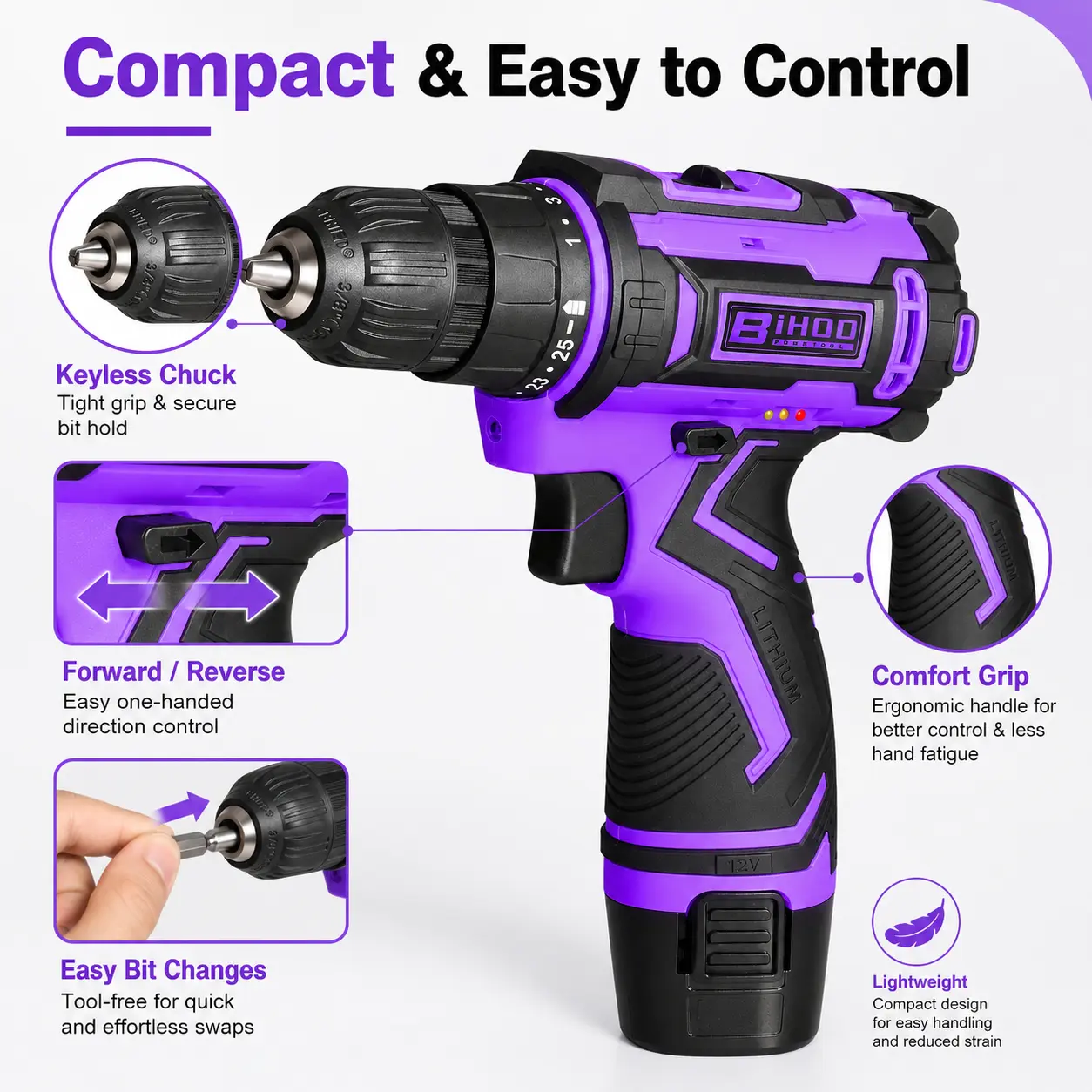 BiHoo Women's 12V Cordless LED Variable Speed Drill Driver Kit, Purple, 3/8-Inch Keyless Chuck, High Torque Electric Power Tool, All-in-1 DIY & Home Toolbox Set