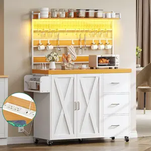 Large Rolling Kitchen Island with Power Outlet & LED Light, 53 Inch Portable Baker Rack Cart with Storage Cabinet Tall Shelf on Wheels Thick Counter Glass Holder Hooks Spice Rack, White & Oak