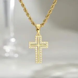 23" 18k Gold Plated Rope Chain Cubic Zirconia Cross Pendant Necklace