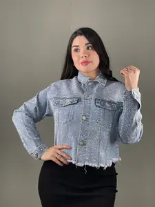 Alba's Light Wash Denim Rhinestone Jacket Regular Fit True To Size for Casual & Semi-formal Occasions