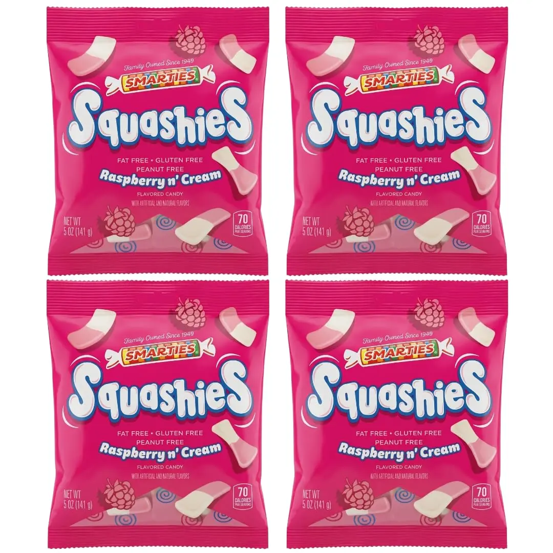 Smarties Squashies Natural Foam Candies - Raspberry & Cream Flavored Sweet Snack - Gelatin, Peanut & Gluten-Free - Soft, Chewy - 5 oz Bags (Pack of 4) - Ideal for Birthdays, Holidays & Adult Snack Ideas