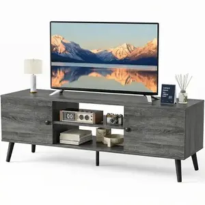 GIANNA Mid-Century Modern Wooden TV Stand for 55-60” TVs, 2 Storage Cabinets, Adjustable Shelf, Cable Management, Sturdy Legs, Easy Assembly