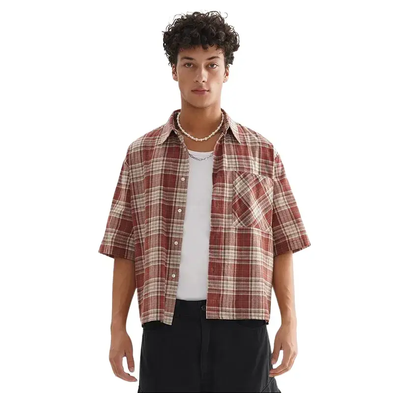 inflation Men's 100% Cotton Oversized Classic Plaid Short-Sleeve Collared Button-Up Cropped Shirt, Menswear Tops, Casual Summer Streetwear Clothing, Men’s Clothes, Button Up Shirt, Plaid Shirts