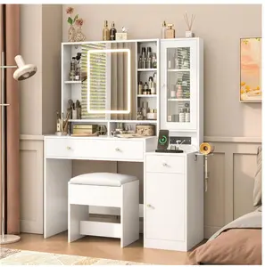 White Vanity Desk with Sliding Mirror & Lights, Vanity Table Makeup Desk with Charging Station 2 Drawers 2 Doors, Lots of Storage Shelves, Large Vanity Set with Cushioned Stool