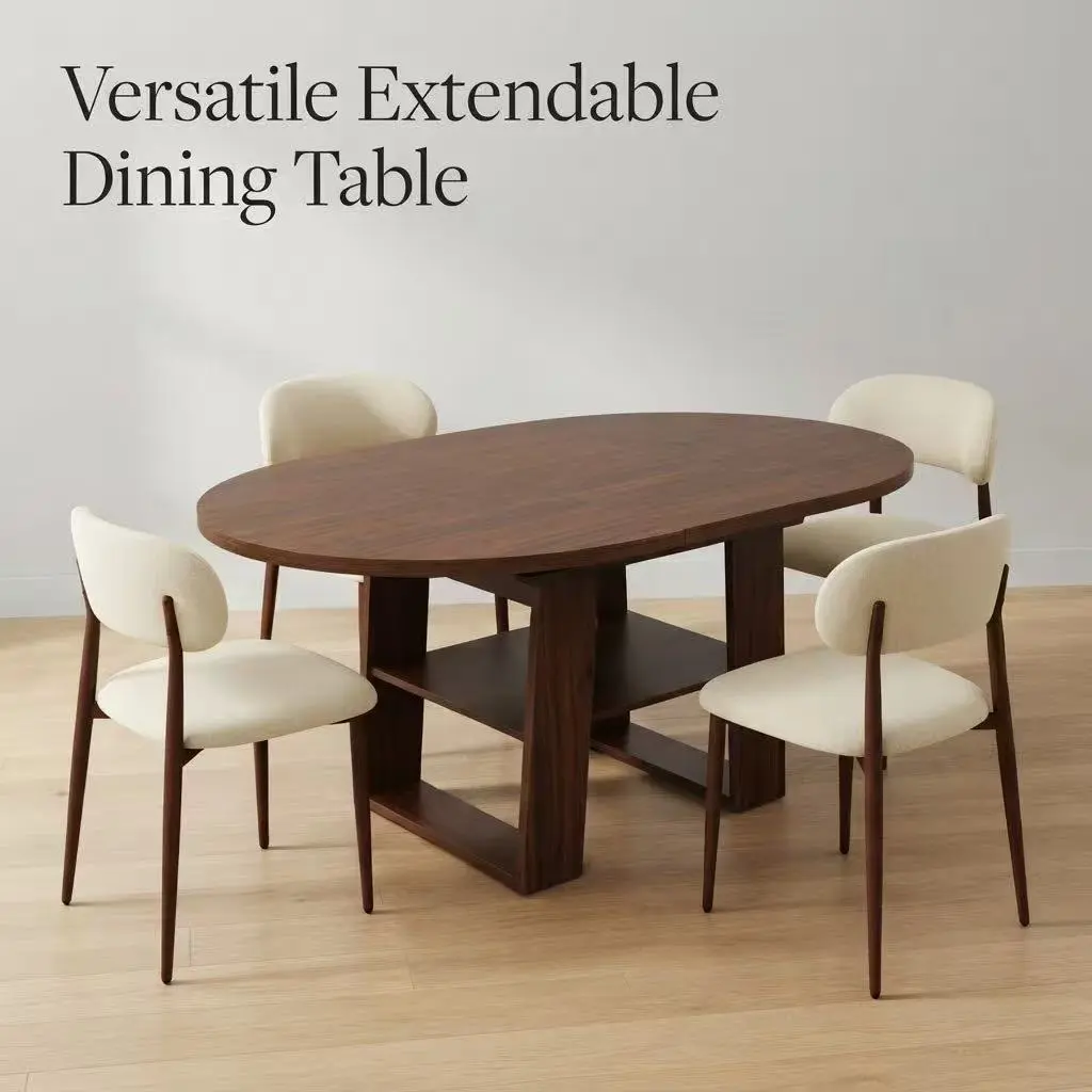 43.3"-59" Extendable Round Dining Table for 4-6, Round-to-Oval Kitchen Table with Flip-Up Extension Leaf & Storage Shelf, Space-Saving for Dining Room, Easy Assembly ,expandable
