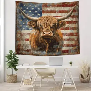 American Flag Highland Bull Pattern Tapestry, Modern Art Tapestry, Wall Tapestries, Wall Hanging Decor for Home Living Room Bedroom Dormitory