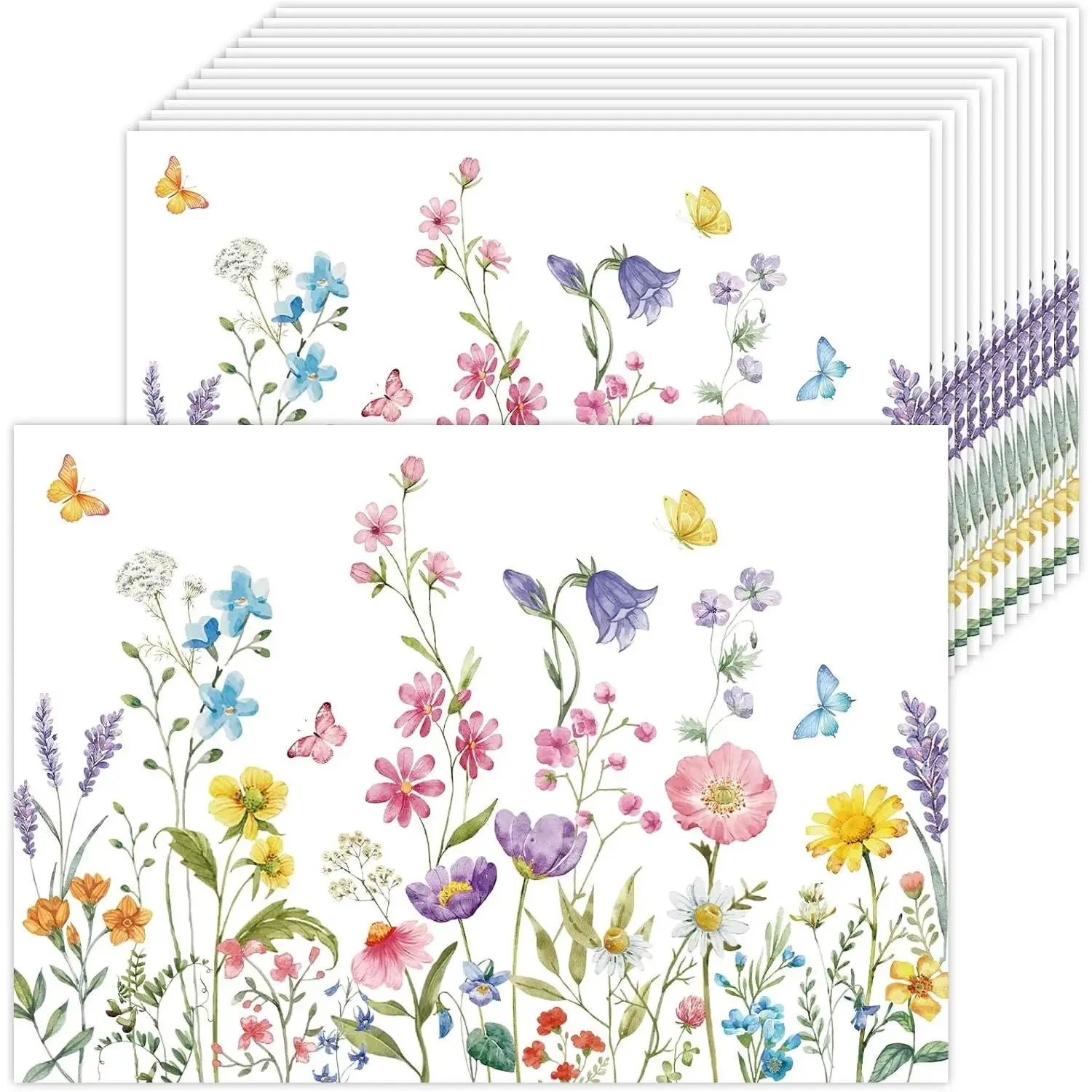Disposable Wildflower Paper Placemats, 50-Pack High-Quality Paper Large Size 16x11in Rectangle Heat-Resistant Flowers & Butterfly Table Mats for Wedding, Spring Party Kitchen Dining Tableware Supplies to Create Wonderful Memories, Bright