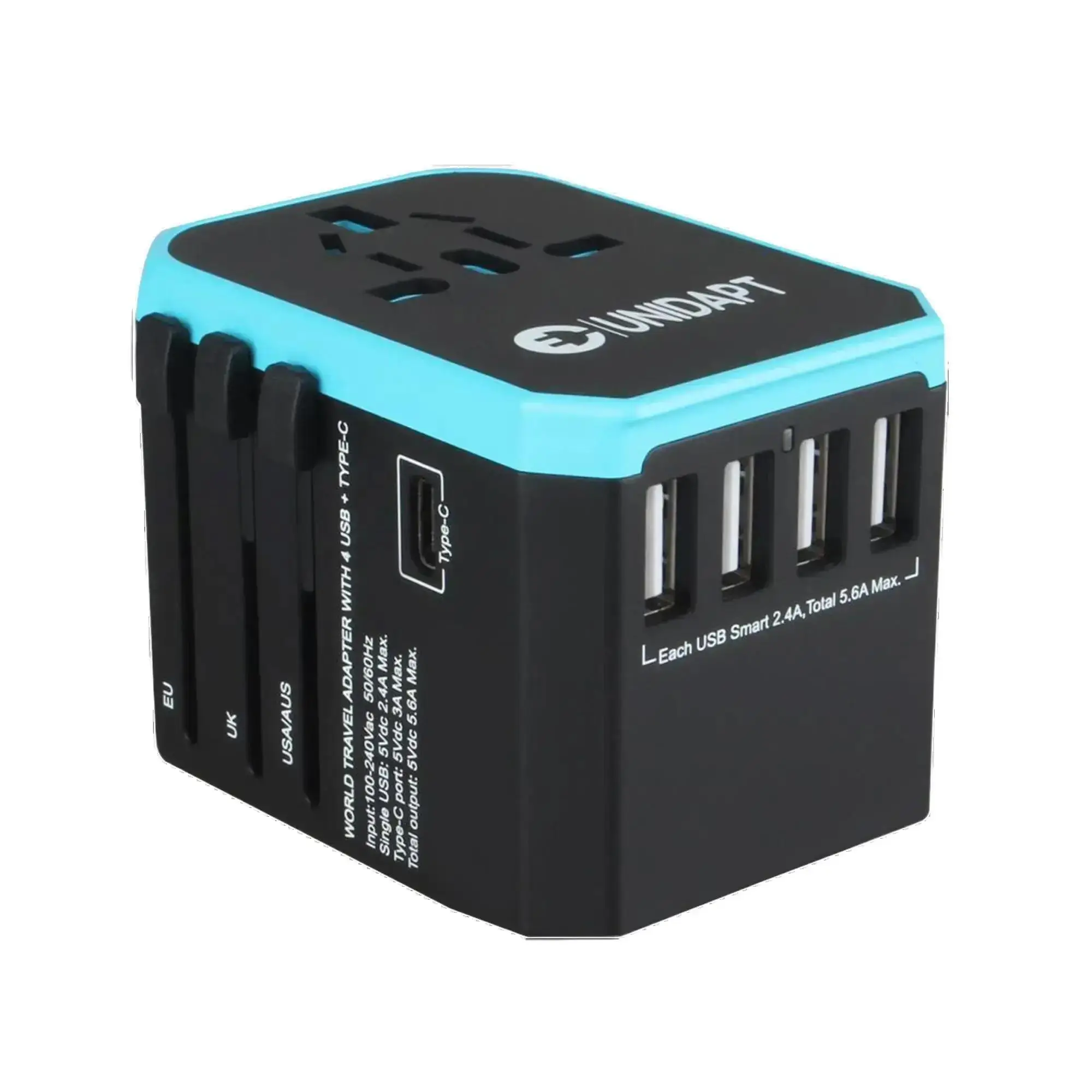 Unidapt Universal Travel Power Adapter with 4 USB-A and 1 USB Type C port for worldwide Travel Charging Devices