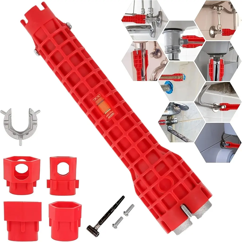 Professional 14-in-1 Faucet and Sink Installer Tool, Extra-Long Multi-Functional Plumbing Wrench for Tight Spaces, Basin Flange & Water Pipe Joint Repair Spanner with Bubble Level, Multifunctional Sink Wrench