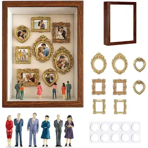 Mini Vintage Gold Picture Frames with 12 Mini Figurines, Minature Gold Frames Set for DIY Memory Display, Photo Craft Decor for Wedding Party (8x6in Box & Frames+Figurines)