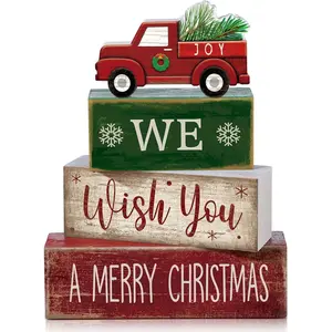 4 Pcs Rustic Christmas Decor Wooden Red Truck Winter Tiered Tray Decor Merry Christmas Table Centerpiece Wood Red Truck Block Sign Gift Farmhouse for Home Kitchen Tabletop Office Shelf