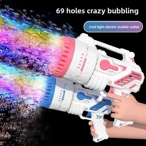 69-Hole Bubble Gun with Lights & Bubble Solution Blue/Pink Bubble Machine for Outdoor, Birthday & Party Gifts