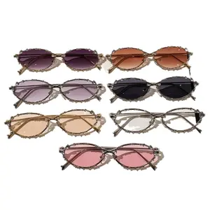 Diamond Bow Oval Sunglasses Niche Metal Frame Flat Lens Design for Stylish Everyday Wear with UV400 Protection & Adjustable Nose Pads