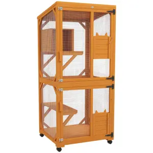 Large House High Up Resting Box Wooden Catio with Asphalt Roof Indoor Outdoor Cat Enclosure on Wheels for Cats Orange