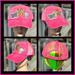 Red Faded Butterfly Flower & Skull BLING Trucker Hat