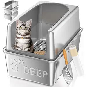 XXL  Stainless Steel Sifting Litter Box with Lid,Sifting  Litter Box for  Pine Pellets,16''High Sides Sifter Litter Pan System,Odor Control,Easy to Clean,with Liners and Scoop