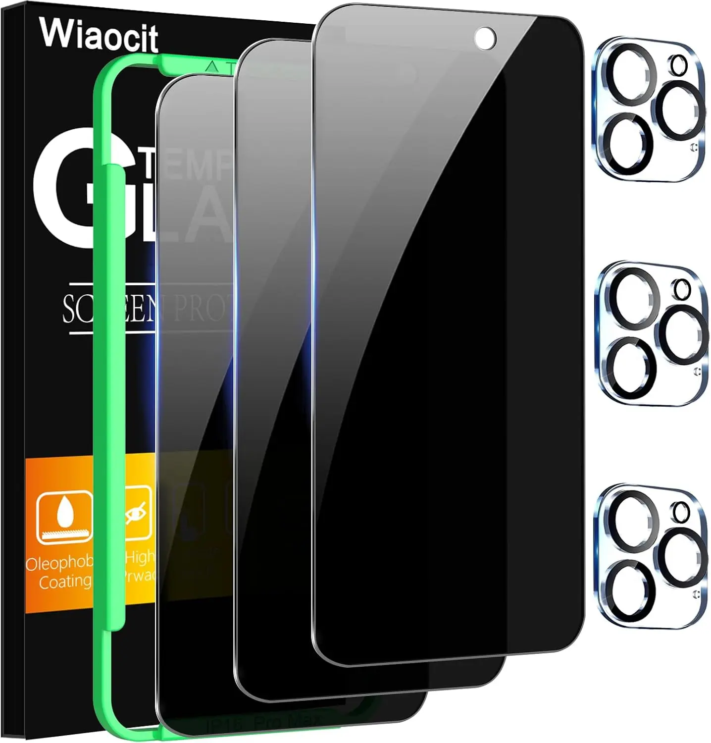 3 Pack Tempered Glass Privacy Screen Protector for iPhone 16 Pro Max with 3 Pack Camera Lens Protector, 9H Hardness, Bubble Free, Case Friendly