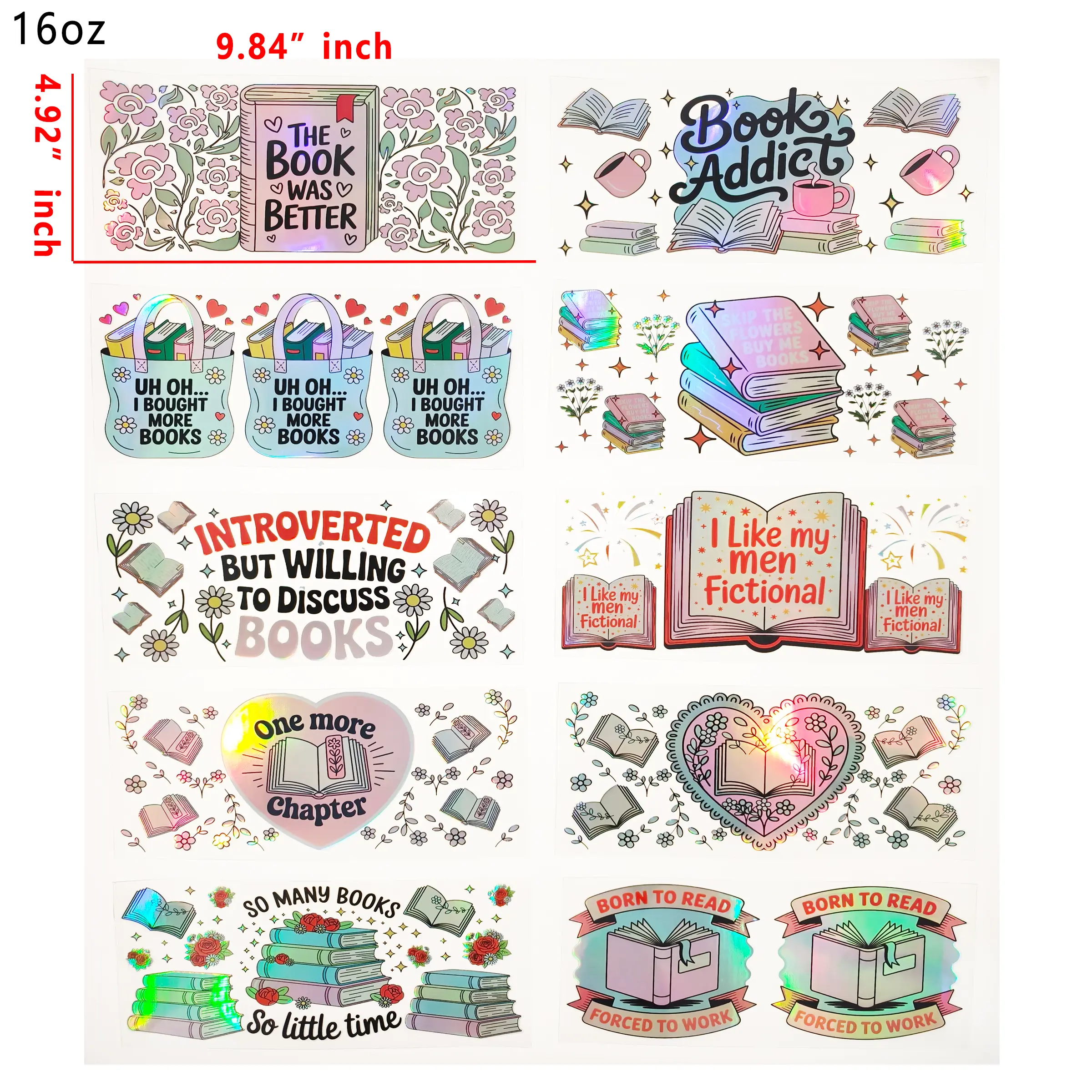 (F15) Holographic 10pcs book UV DTF Cup Wraps for 16OZ tumblers Waterproof Acrylic Wraps for Cups Glasses &Smooth Objects Vivid Colors Strong Adhesion CustomizableStickers Decal Sticker Art Crafts Kit