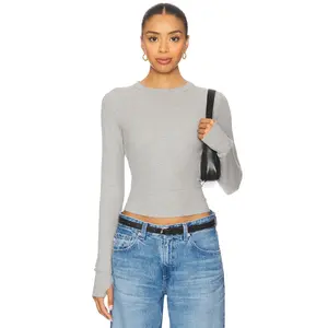 Michael Lauren Axl Long Sleeve Crop Fitted Top in Heather Grey