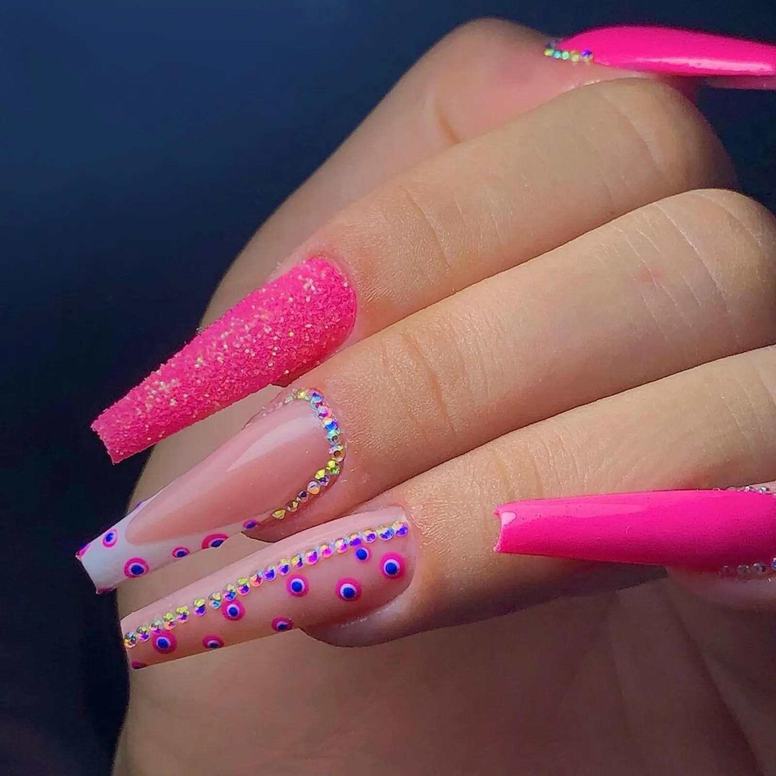 24pcs Long Ballerina Press-On Nails, High Saturation Fluorescent, Shimmer Manicure, Unique Polka Dots, Sparkle & Sugar Texture, Glitter Nails, Glitter Decorative Nails, Elegant Bling Rhinestone Design, Perfect for Parties & Music Festivals