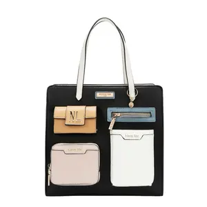 Structured Tote Bag with Front Pocket Accents Black Beige White Pockets Eco-Leather Dual Handles Zipper Closure