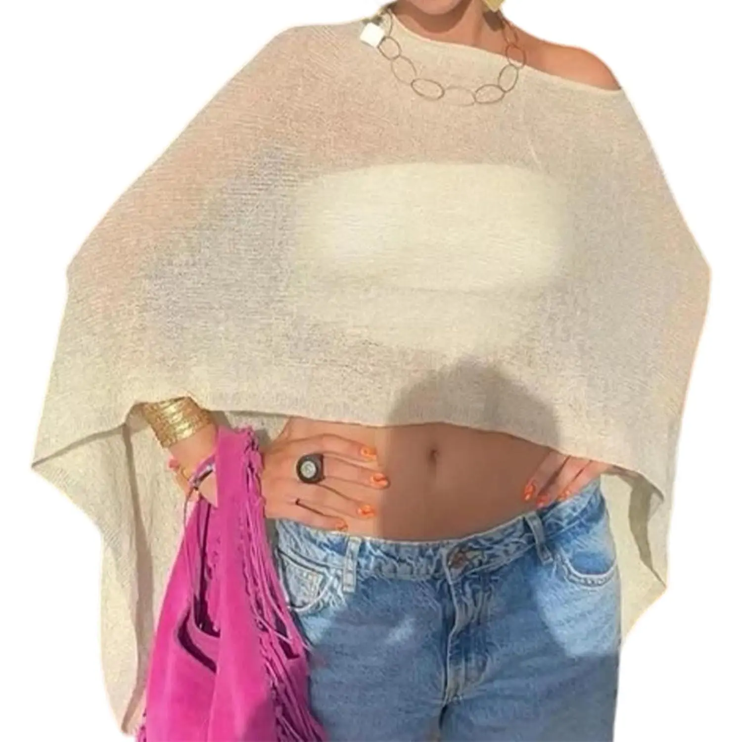 Women's Poncho Top, Lightweight Sheer Knit Crochet Bolero Shrug, Batwing Sleeve Beach Cover Up, 1 Size, One Size