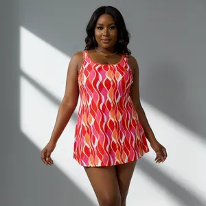Women 2 Piece Tankini Swimsuit Set, Colorful Wavy Geometric Print Cami Swim Dress with High Cut Briefs, Plus Size Beach Bathing Suit Cover Up