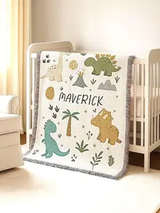 Dinosaur Baby Blanket with Name: Cotton Woven Fringe or Fleece Crib Blanket Dino Nursery Bedding