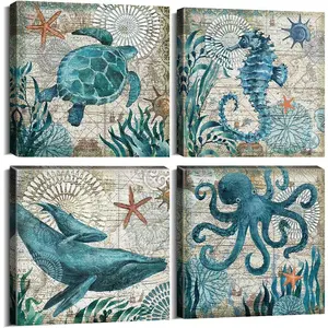 Bathroom wall art Retro Sea World nautical painting teal whale Seahorse decorative poster,bedroom bathroom living room universal home decor art pieces Ornaments Artistic