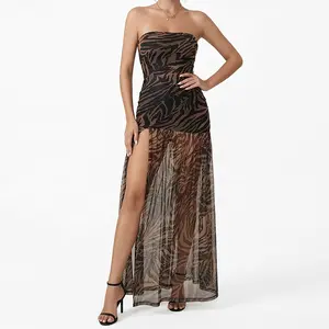 Strapless Tube Neck Zebra Print Sheer Mesh High Slit Maxi Dress