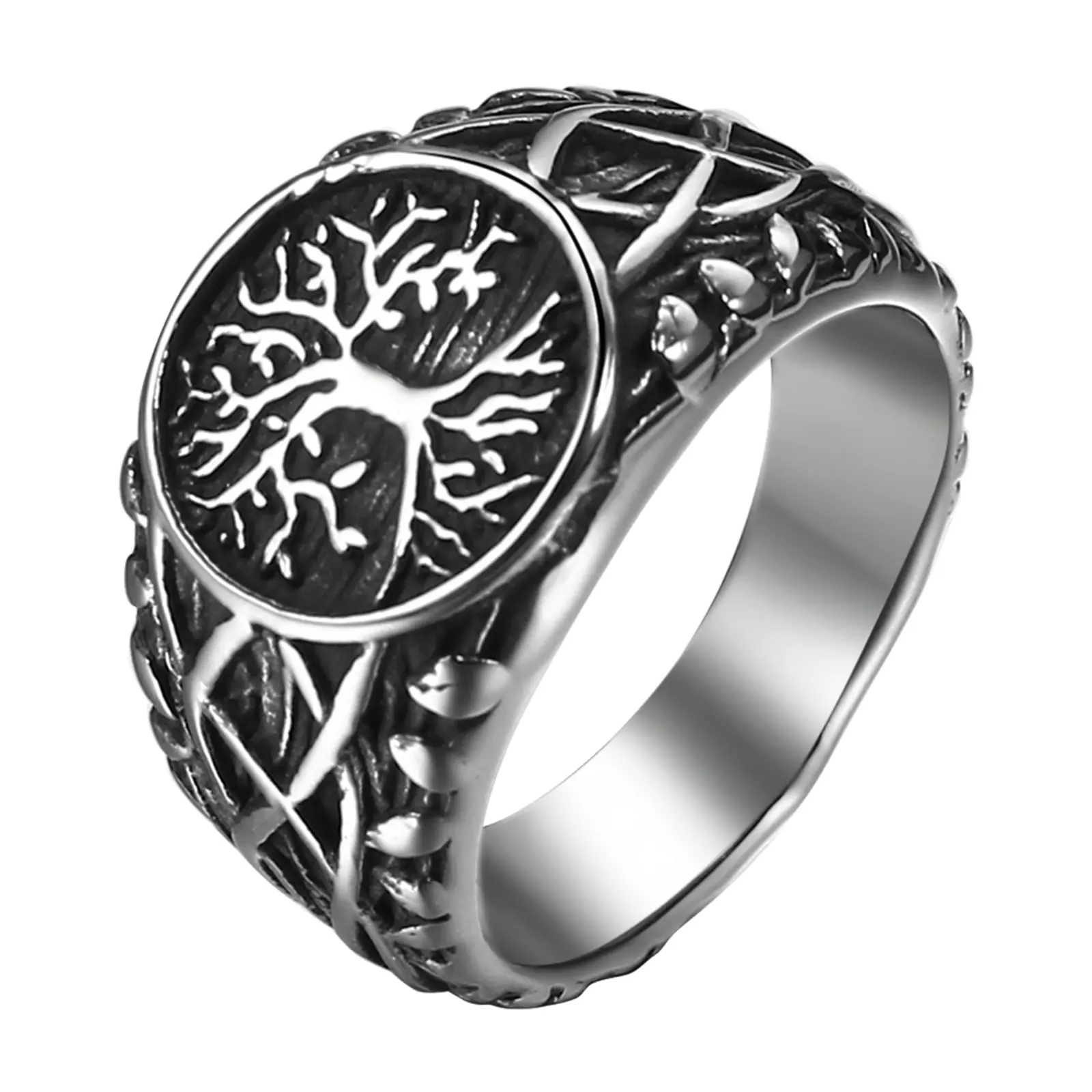 OIDEA Men's Viking Tree of Life Signet Ring - Stainless Steel Medieval Aesthetic Norse Celtic Knot Ethnic Tree Symbol Ring, 0.39 oz, 0.53" Wide, Vintage Retro Nordic Jewelry for Strength & Rebirth