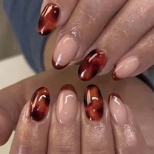 24pcs Short Oval French Leopard Print Acrylic Press-On Nails Set, Nail Art Design, Includes Jelly Glue and Nail File, Easy Wear, Perfect for Parties