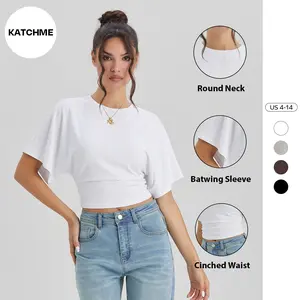 KatchMe Women's Leisure Solid Color Batwing Sleeve Cinched Waist Soft Top, Minimalist Crewneck Top for Lady, Wide Sleeve Round Neck T-Shirt for Daily
