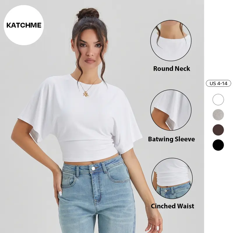 KatchMe Women's Leisure Solid Color Batwing Sleeve Cinched Waist Soft Top, Minimalist Crewneck Top for Lady, Wide Sleeve Round Neck T-Shirt for Daily