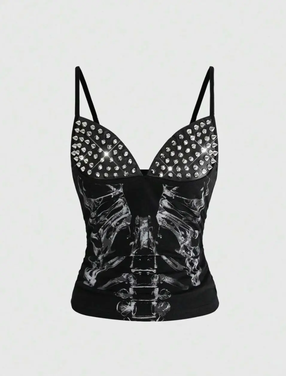 Punk Summer Sexy Dark Rivet Skull Skeleton Print Patchwork Sleeveless Top For Women