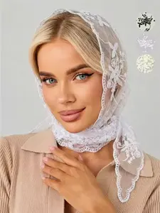 Women's Fashionable Lace Embroidery Floral Bandana, Casual Hijab Scarf, Versatile Paisley Design, All Seasons Fitted Headscarf