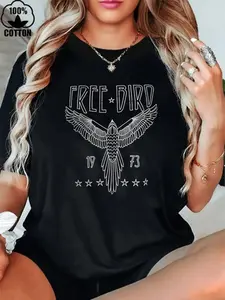 AINO 1 PC 100% Cotton Women Rock Band T-Shirt Vintage Free Bird Eagle Graphic Print Country Music Concert Casual Short Sleeve Classic Tops 220g Heavy Cotton Halloween Women's Print T Shirt