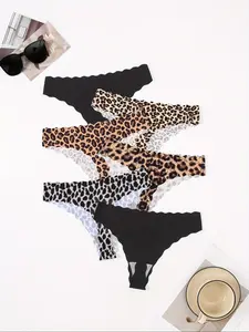Women's 6pcs Leopard Print Scallop Trim Panty, Soft Comfy Breathable Seamless Knicker for Daily Wear, Lady Underwear for All Seasons, Fall Wear, Fallfreshness 2025, Womenswear, Lingerie