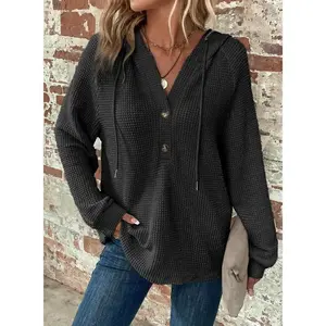 Women’s waffle-knit long-sleeve casual pullover hoodie with drawstring, button, and V-neck