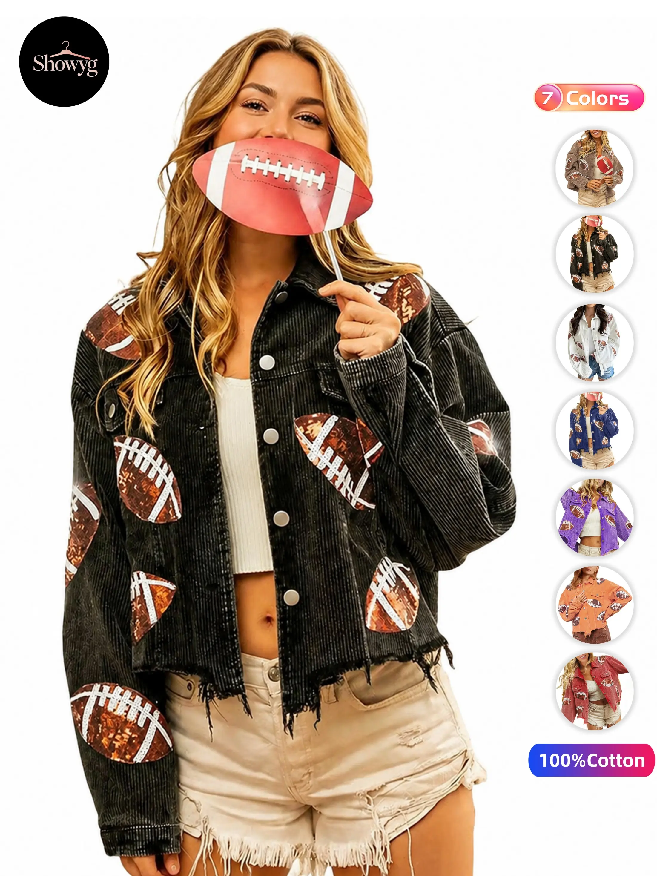 Women's 100% Cotton Cropped Corduroy Sequin Rugby Patched Shacket Coat - Collared Neck, Long Sleeves, Button Front, Raw Hem, Bold Fashion Bright Statement Embellished Motif Casual Jacket for Game Day Tailgate, Coats