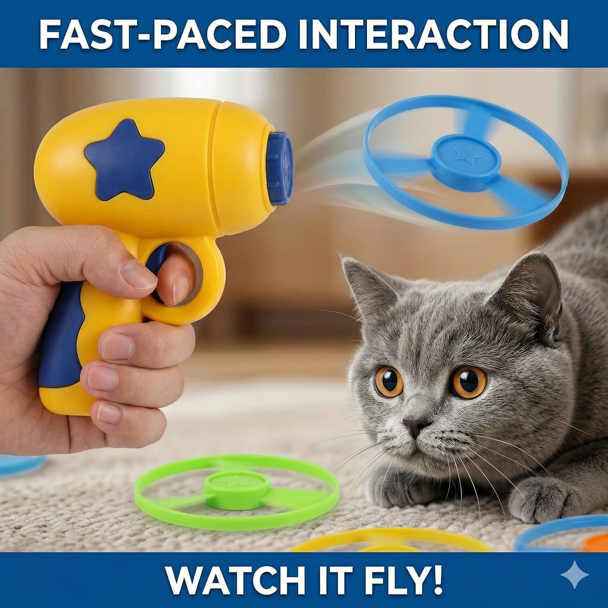 Cat Interactive Fetch Toy Set, Flying Disc Launcher Gun, Cat Track Toy for Training Hunting Chasing Interactive Cat Toys for Bored Indoor, Cute Kitten Kitty Toys, Flying Propellers For Dog and Puppy Pet Supplies, Cat Stuff Outdoorfun