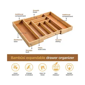 Nature Bamboo Expandable Silverware Drawer Organizer - 8-Slot Adjustable Wooden Cutlery Tray for Kitchen Storage Eco-Friendly Multifunctional Design
