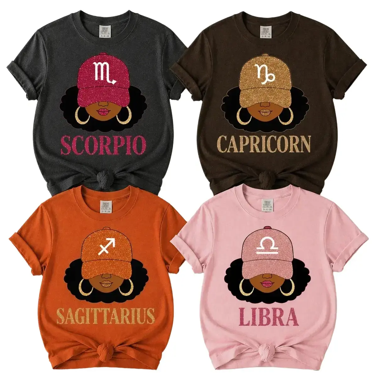 Comfort Colors Women's Short-Sleeve Loose-Fit Cotton Round Neck Glitter Printed Astrology Zodiac Signs Clothes, Casual Women's T-Shirt