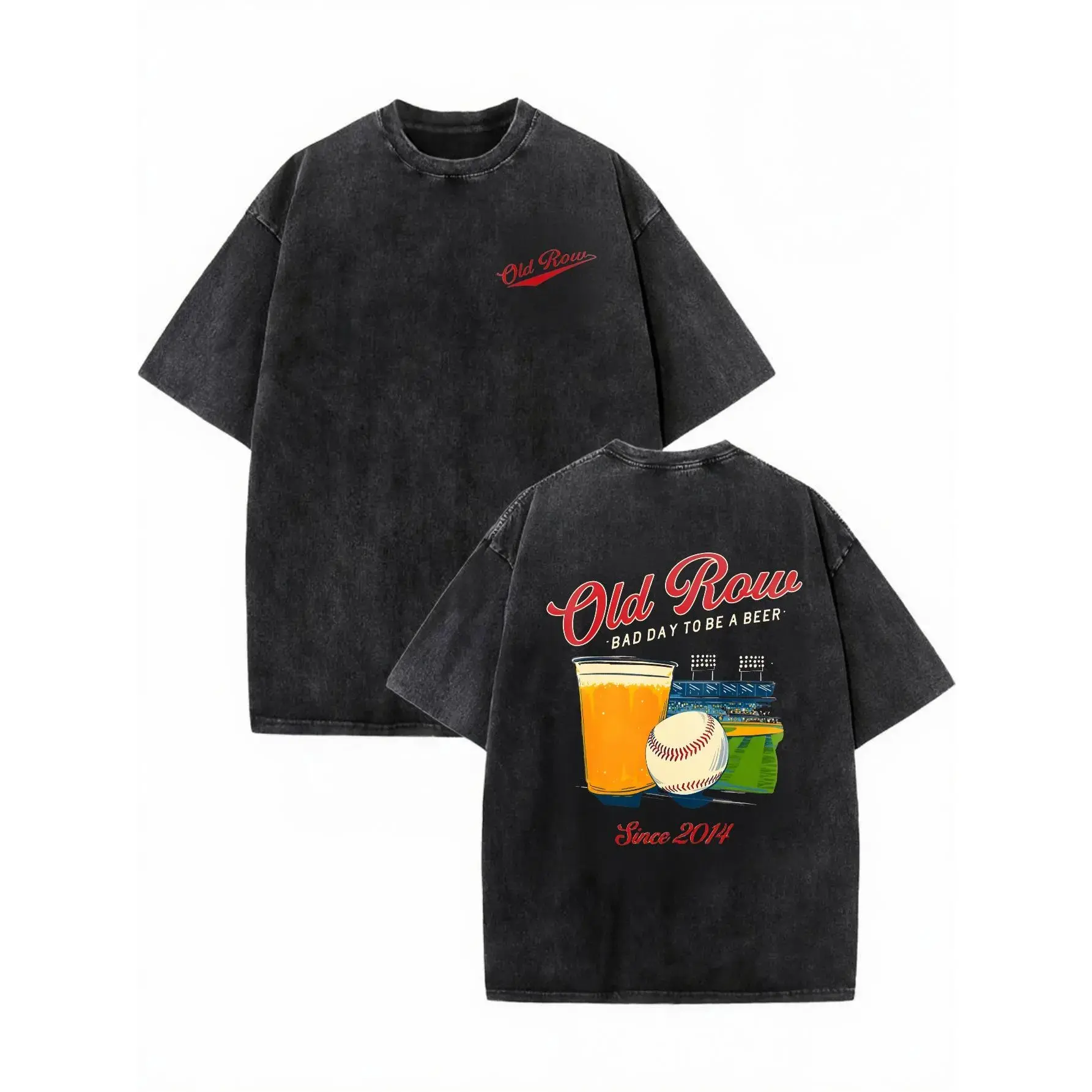Men's 230g Washed Cotton Loose-Fit Short-Sleeve T-Shirt - OLD ROW Baseball Beer Theme Graphic Print, Retro Casual Spring/Summer Streetwear Top, High-Quality "Bad Day Without Beer" Design, Menswear Black Crewneck